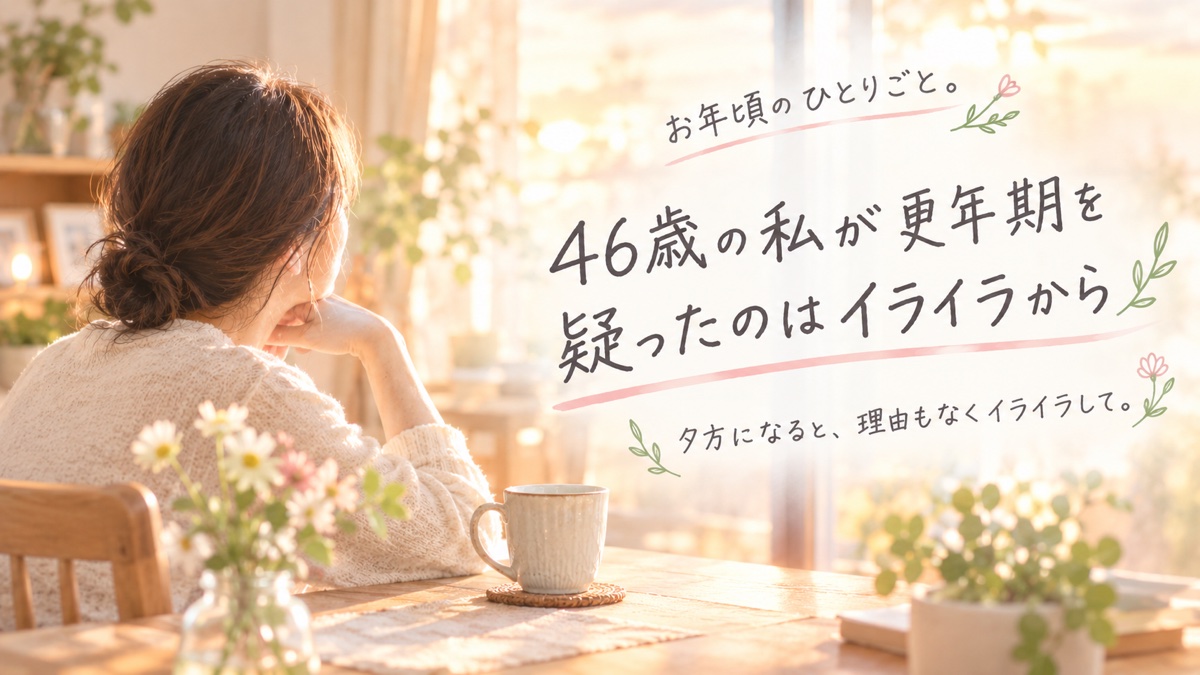 夕方の光が差し込む部屋でマグカップを前に休むアラフィフ女性。46歳の私が更年期を疑ったのはイライラからという記事タイトル入り